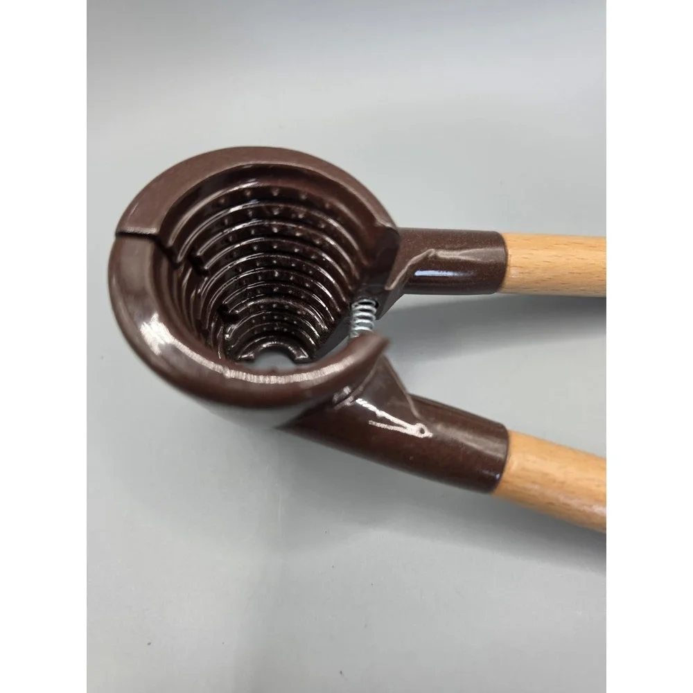 Vintage Spring Loaded Nutcracker Wood Handles Brown Metal Walnut Pecan Cracker